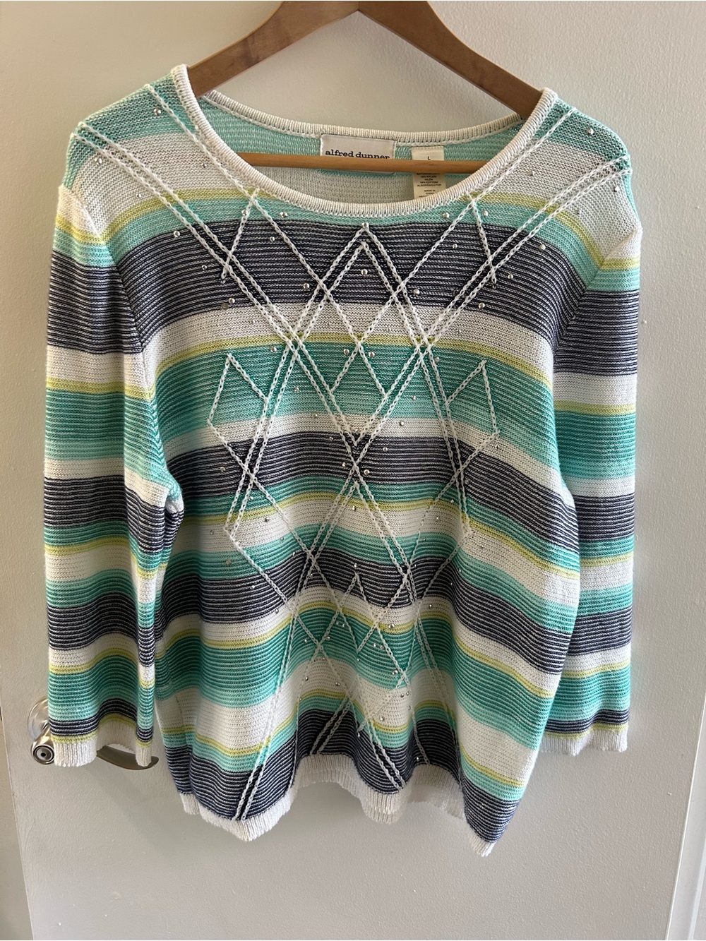 Alfred Dunner Striped Crewneck Sweater in Teal, Navy & White